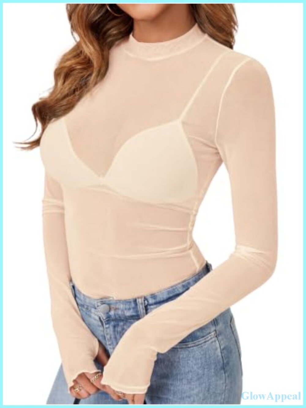 Women's Sheer Mesh Long Sleeve Mock Neck Top Slim Fit Pullover Blouse